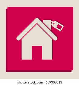 Home silhouette with tag. Vector. Grayscale version of Popart-style icon.