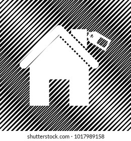 Home silhouette with tag. Vector. Icon. Hole in moire background.