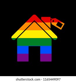 Home silhouette with tag. Vector. Icon with colors of LGBT flag at black background.