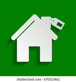 Home silhouette with tag. Vector. Paper whitish icon with soft shadow on green background.