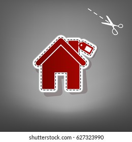 Home silhouette with tag. Vector. Red icon with for applique from paper with shadow on gray background with scissors.
