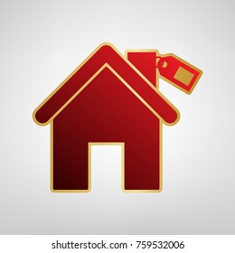 Home silhouette with tag. Vector. Red icon on gold sticker at light gray background.
