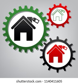 Home silhouette with tag. Vector. Three connected gears with icons at grayish background.