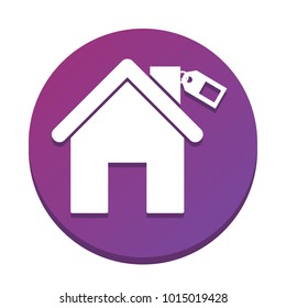 Home silhouette with tag. Vector. White icon with flat shadow on purpureus circle at white background. Isolated.