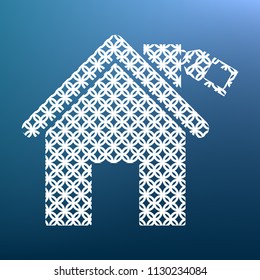 Home silhouette with tag. Vector. White textured icon at lapis lazuli gradient background.