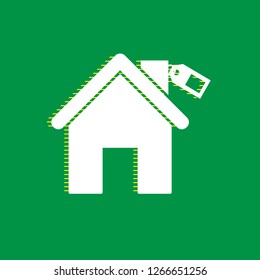 Home silhouette with tag. Vector. White flat icon with yellow striped shadow at green background.