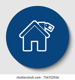 Home silhouette with tag. Vector. White contour icon in dark cerulean circle at white background. Isolated.