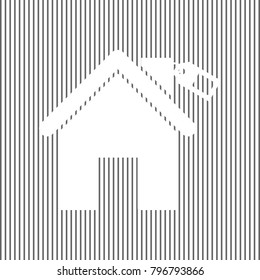 Home silhouette with tag. Vector. White icon on grayish striped background. Optical illusion.