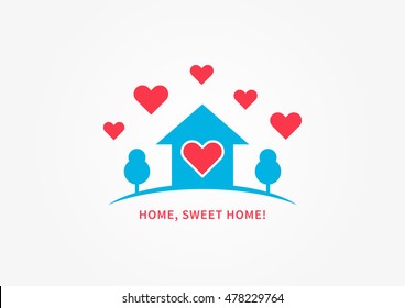 Home silhoutte with heart shapes vector illustration. Home, sweet home quote creative concept.

