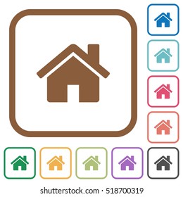 Home simple icons in color rounded square frames on white background