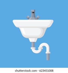 Home sink vector illustration in a flat style. Furniture for toilet, bathroom and kitchen. Icon ceramic white sink with a tap. 