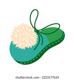 Home slipper vector icon. Warm soft shoes with fur pompom, green bow. Flat cartoon clipart isolated on white. A cute cozy bedroom accessory. Bright illustration for logo, prints, posters, web