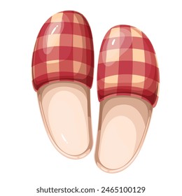 Home slippers with checkered pattern, cartoon male shoes. Funny cozy two slippers of man with retro gingham texture, cartoon top view of footwear with tartan geometric print vector illustration