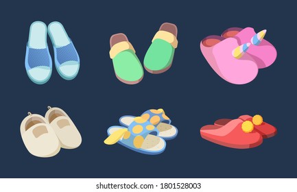 Home slippers. Fashion footwear soft textile hotel garments vector slippers collection isolated