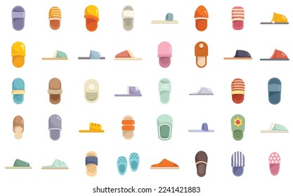 Home slippers icons set flat vector. Boot accessory. Clothing comfort isolated