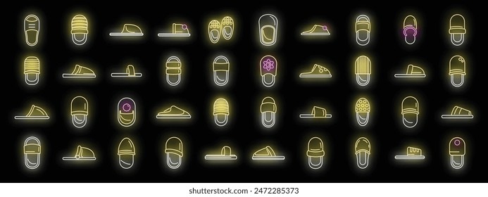 Home slippers icons set outline vector. Boot accessory. Clothing comfort neon color on black