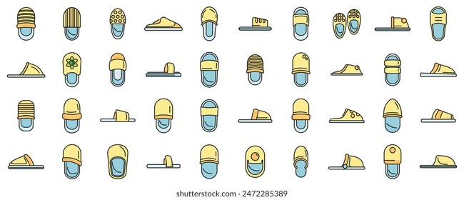 Home slippers icons set outline vector. Boot accessory. Clothing comfort thin line color flat on white