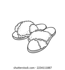 Home slippers line icon vector illustration. Hand drawn outline fluffy comfortable footwear for bedroom, pair of cute fuzzy shoes for feet of girls, household slippers with fur or hotel garment