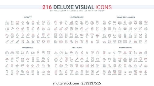 Home smart appliances, household, fashion clothes size, infrastructure line icon set. Kitchen and living room equipment, bedroom and restroom thin black and red outline symbols vector illustration