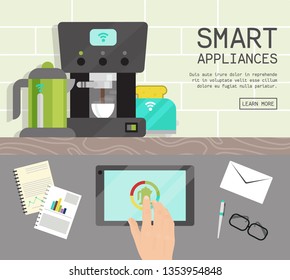 Home smart appliances remote control concept flat illustration vector. Modern technology house machine equipment. Domestic appliance automation device.