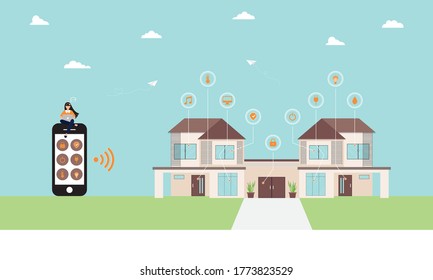 Home smart devices and Internet of Things (IoT), Vector illustration of Happy woman on mobile with using laptop computer for control or connected technology devices through internet network