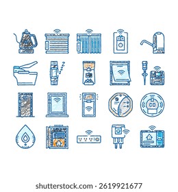 home smart technology control doodle icons set vector. house remote, network app, wireless system, digital modern, light device, internet home smart technology control sketch hand drawn