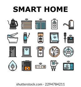 home smart technology control icons set vector. house remote, network app, wireless system, digital modern, light device, internet home smart technology control color line illustrations