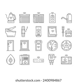 Icons für Heimcomputer mit intelligenter Technologie setzen Vektorgrafik. Hausfernbedienung, Netzwerk-App, Wireless-System, digitales modernes Gerät, helles Gerät, Internet-Heimtechnik, die schwarze Kontur-Illustrationen steuert