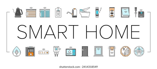 home smart technology control icons set vector. house remote, network app, wireless system, digital modern, light device, internet home smart technology control color line illustrations