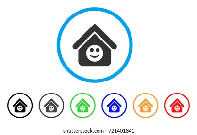 Home Smile Smiley rounded icon. Style is a flat home smile smiley gray symbol inside light blue circle with black, gray, green, blue, red, orange versions.