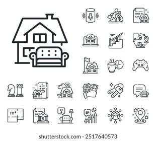 Letrero del sofá casero. Iconos del contorno del Plan del piso, las escaleras y la sala de estar. Icono de línea de movimiento de muebles. Símbolo del sofá de la casa. Muestrario de línea de movimiento de muebles. Hipoteca de la casa, venda el icono del edificio. Bienes raíces. Vector