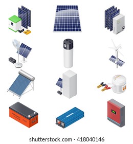 Home Solar Energy Equipment Isometric Icon Set Vector Graphic Illustration