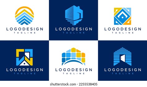 Home solar logo design set. Glass house logo branding.