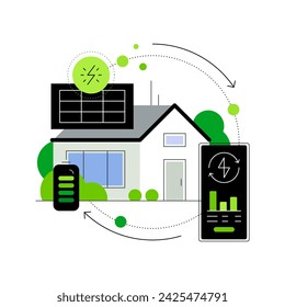 Home with solar panel and smart app. Renewable energy monitoring. Green electricity. Charging smart house. Simple flat illustration, infographic element. Vector file.