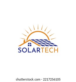 Plantilla vectorial para el logotipo de la casa, paneles solares y solares, sencillo y moderno, adecuado para la construcción, la tecnología y la energía solar.
