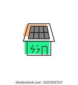 Home with solar panel and thunder energy. Vector line color icon green and orange with green eco energy theme