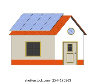 Home with solar panels 2D cartoon object. Rooftop installation photovoltaic house. Solar energy residential structure isolated element flat vector clipart on white background. Spot illustration