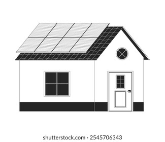 Casa com painéis solares preto e branco objeto linha 2D. Casa fotovoltaica de instalação de telhado. Energia solar residencial isolado clip art vetor item outline. Ilustração de ponto monocromático