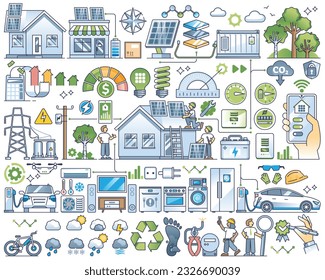 Home solar power system with sun panels electricity outline collection set. Elements with alternative source and nature friendly solution for house. Items with clean energy production and storage.