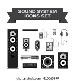 Home sound system. Home stereo flat vector set icons for music lovers. Loudspeakers, player, receiver, subwoofer, computer, remote, vinyl, smartphone, tablet, headphones icons for listening to music