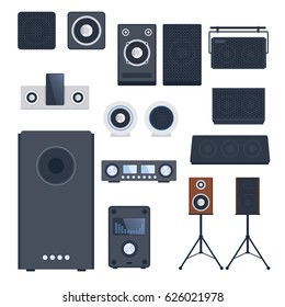 Home sound system stereo flat vector music loudspeakers player subwoofer equipment technology.