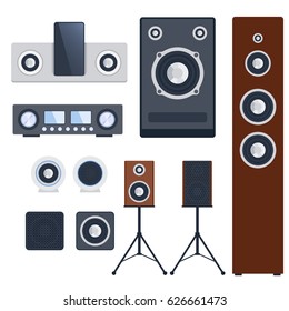 Home sound system stereo flat vector music loudspeakers player subwoofer equipment technology.