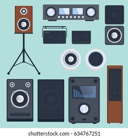 Home sound system stereo flat vector music loudspeakers player subwoofer equipment technology.