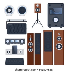 Home sound system stereo flat vector music loudspeakers player subwoofer equipment technology.