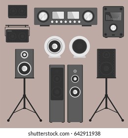 Home sound system stereo flat vector music loudspeakers player subwoofer equipment technology.