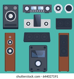 Home sound system stereo flat vector music loudspeakers player subwoofer equipment technology.