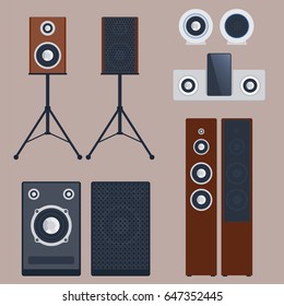 Home sound system stereo flat vector music loudspeakers player subwoofer equipment technology.