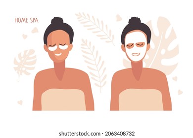 Spa doméstico. Hermosa joven con máscara cosmética blanca en su cara y mujer con parches en los ojos. Retrato de chica dibujada a mano. Cuidado de la piel. Fondo vectorial plano con hojas de plantas