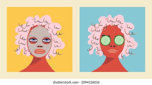 Home spa. Beautiful young woman with a white cosmetic mask on her face and a woman with cucumbers on her eyes. Hand drawn portrait of a girl. Self-care for your skin.