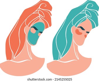 
Home spa concept design. Girl with a towel on her head after a shower. Girl with eye patches. Vector isolated illustration. The concept of self-care at home. modern vector